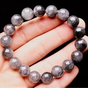 11.1mm Natural bar Black Hair Rutilated Crystal Round Beads Bracelet
